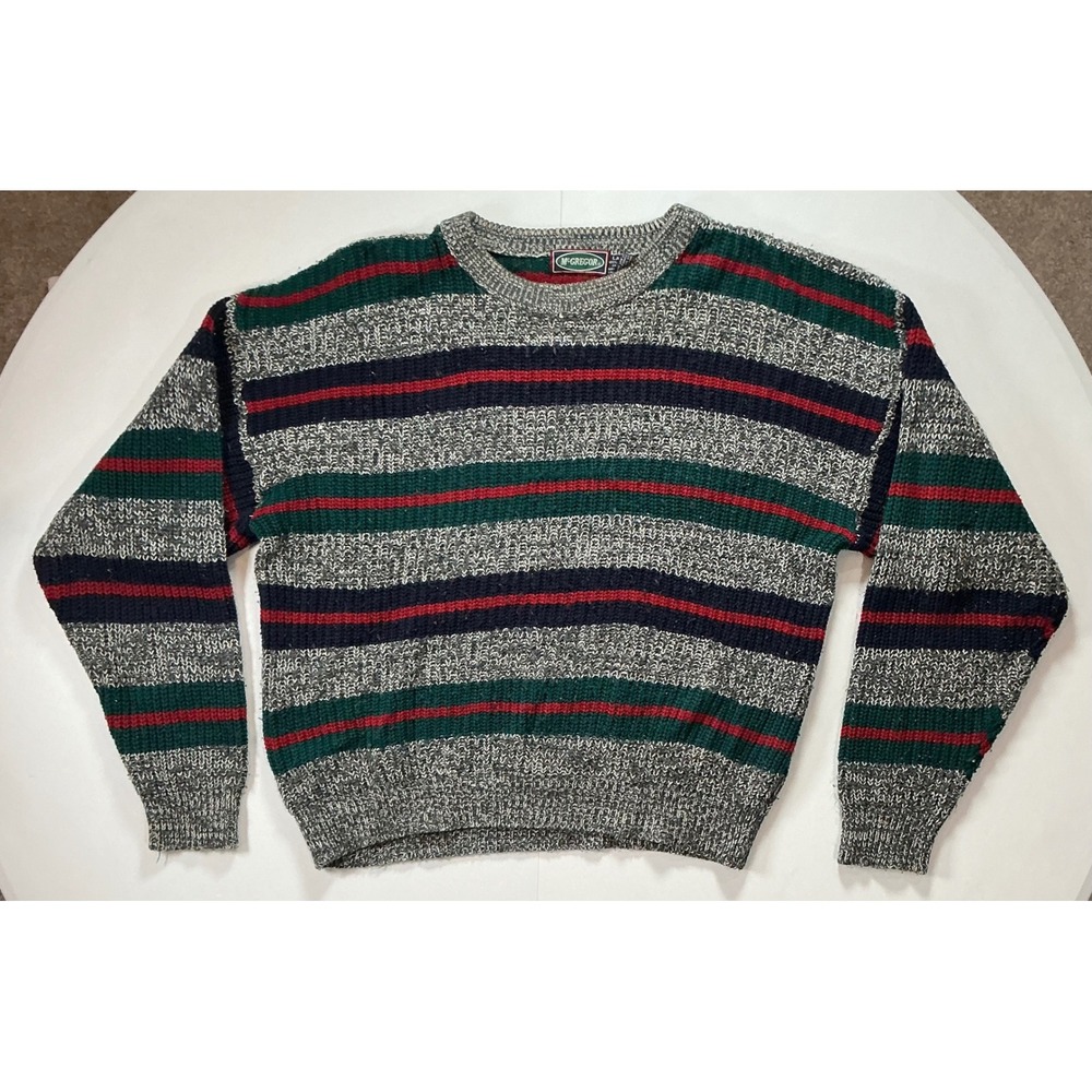 VTG 90s McGregor Striped Sweater Gray Green Red Knit Stripped Grandpa Cosby L